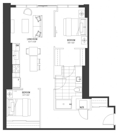 Floor plan for 2 beds, 1 bath, 989 sqft